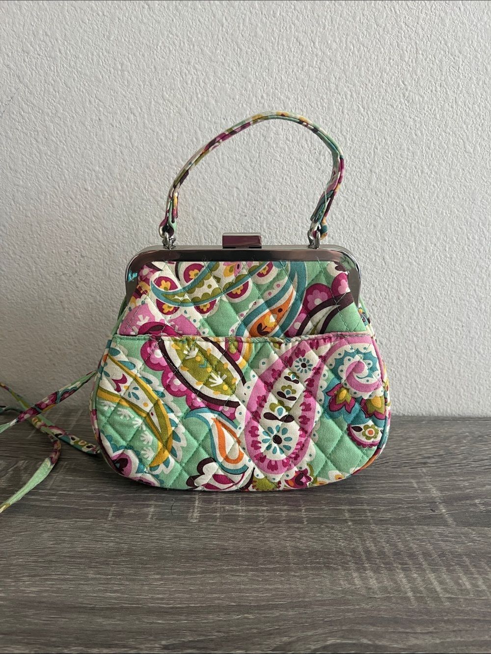 Vera Bradley Quilted Frame Kiss Lock Handbag Crossbody Floral Paisley Green